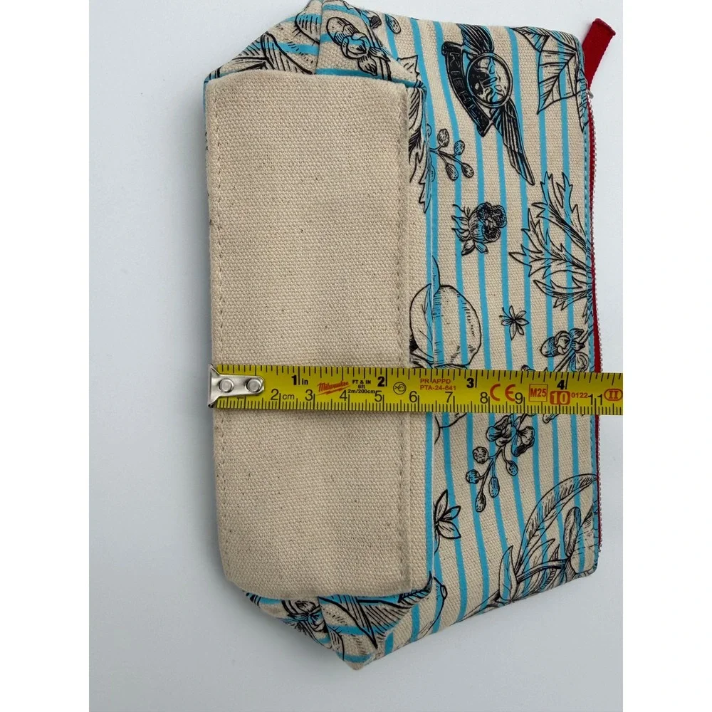 Kiehls Since 1851 Canvas Makeup Bag Blue Striped Floral Cosmetic Pouch Red Liner